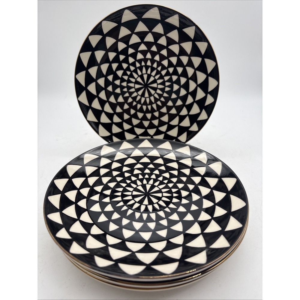 Thyme & Table 8 1/2” Salad Dessert Plates Black Ivory Geometric Stoneware 4pcs